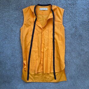 Marni Pleated Front Blouse with Neck Bow in Orange Cotton